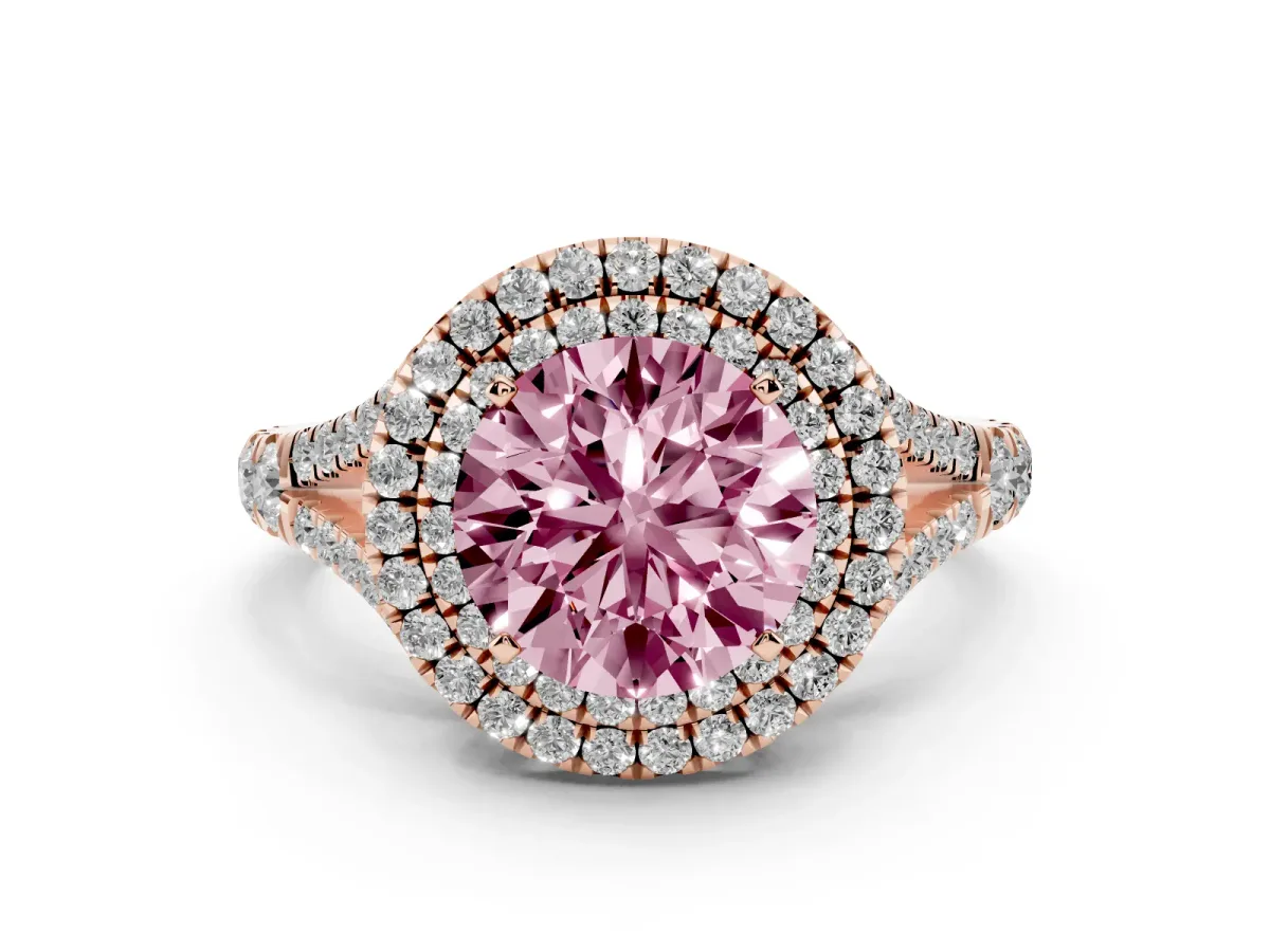 Fancy Pink Round Cut Diamond Pavé Split Shank Double Halo Engagement Ring Rose gold