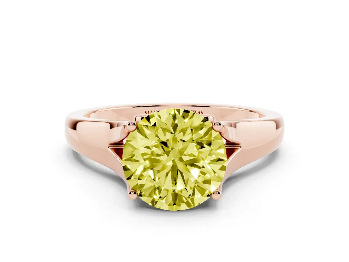 Fancy Yellow Round Cut Solitaire Diamond Ring with Cathedral Band and Four-Prong Setting Rose gold