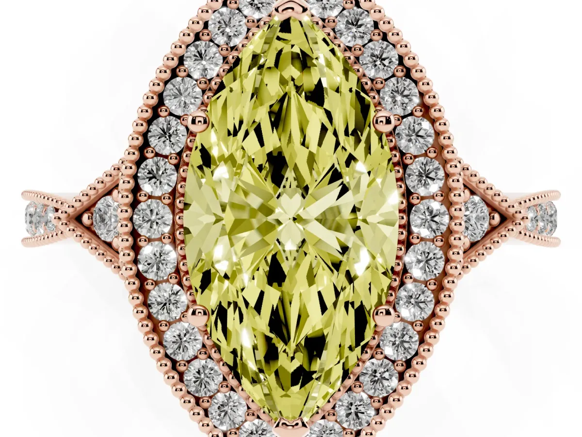 Fancy Yellow Marquise Cut Halo Round Diamond Milgrain Pave Engagement Ring Rose gold