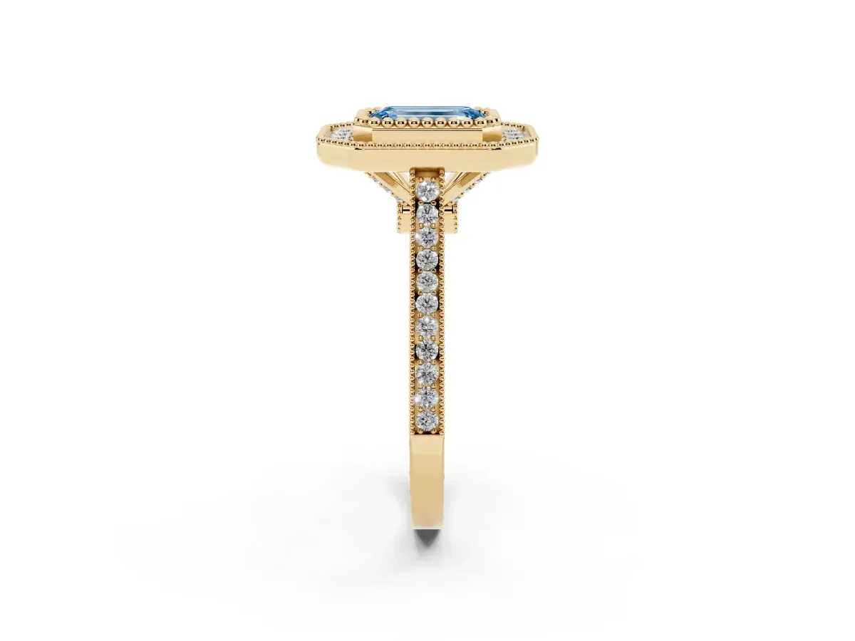 Fancy Blue Emerald Cut Diamond Halo Ring with Milgrain Frame and Pavé Band Yellow gold