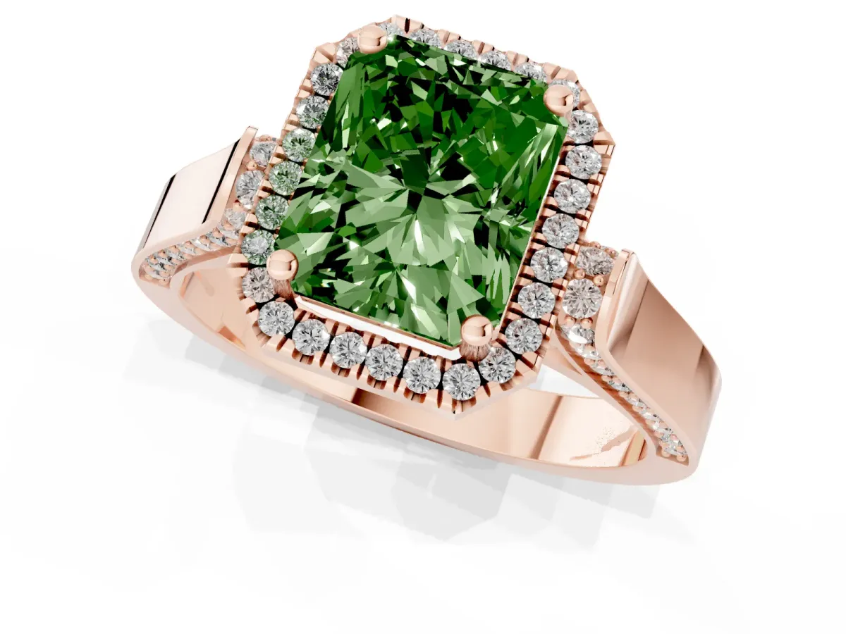 Fancy Green Radiant Cut Halo Pave Split Shank Prong Setting Ring Rose gold