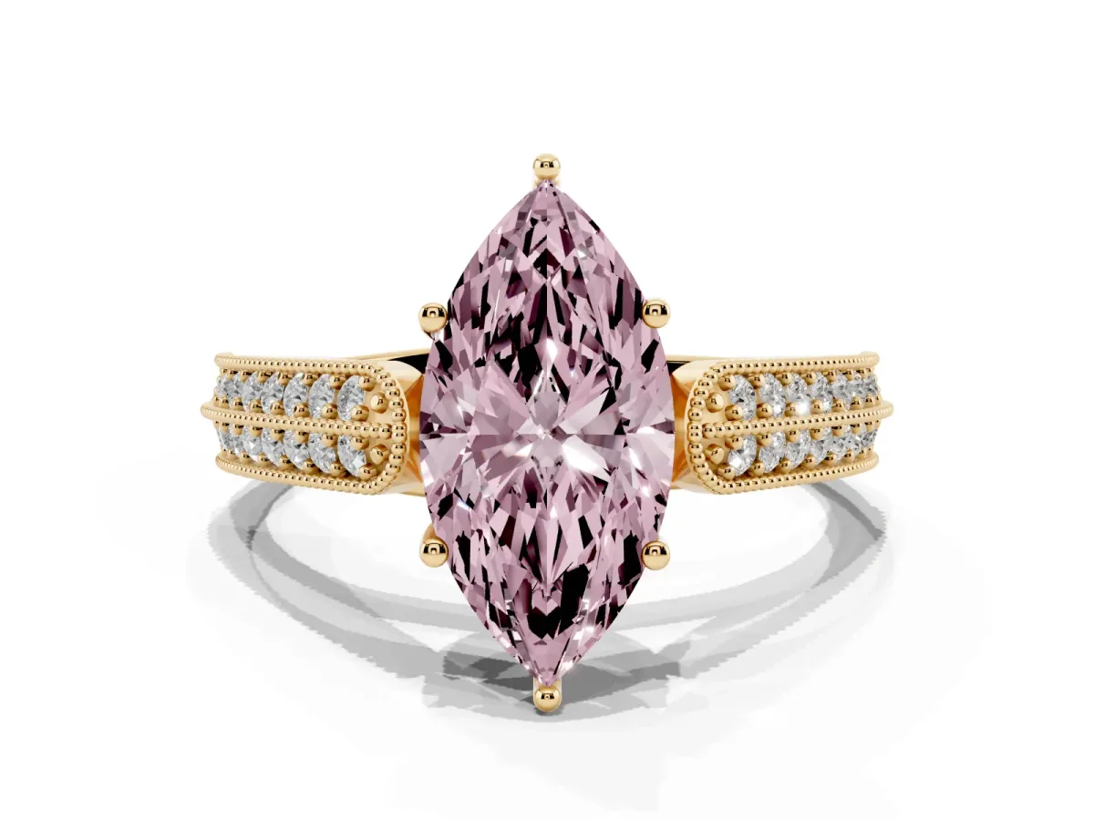 Fancy Pink Marquise Cut Cut Pave Split Shank Engagement Ring with Four-Prong Setting Yellow gold