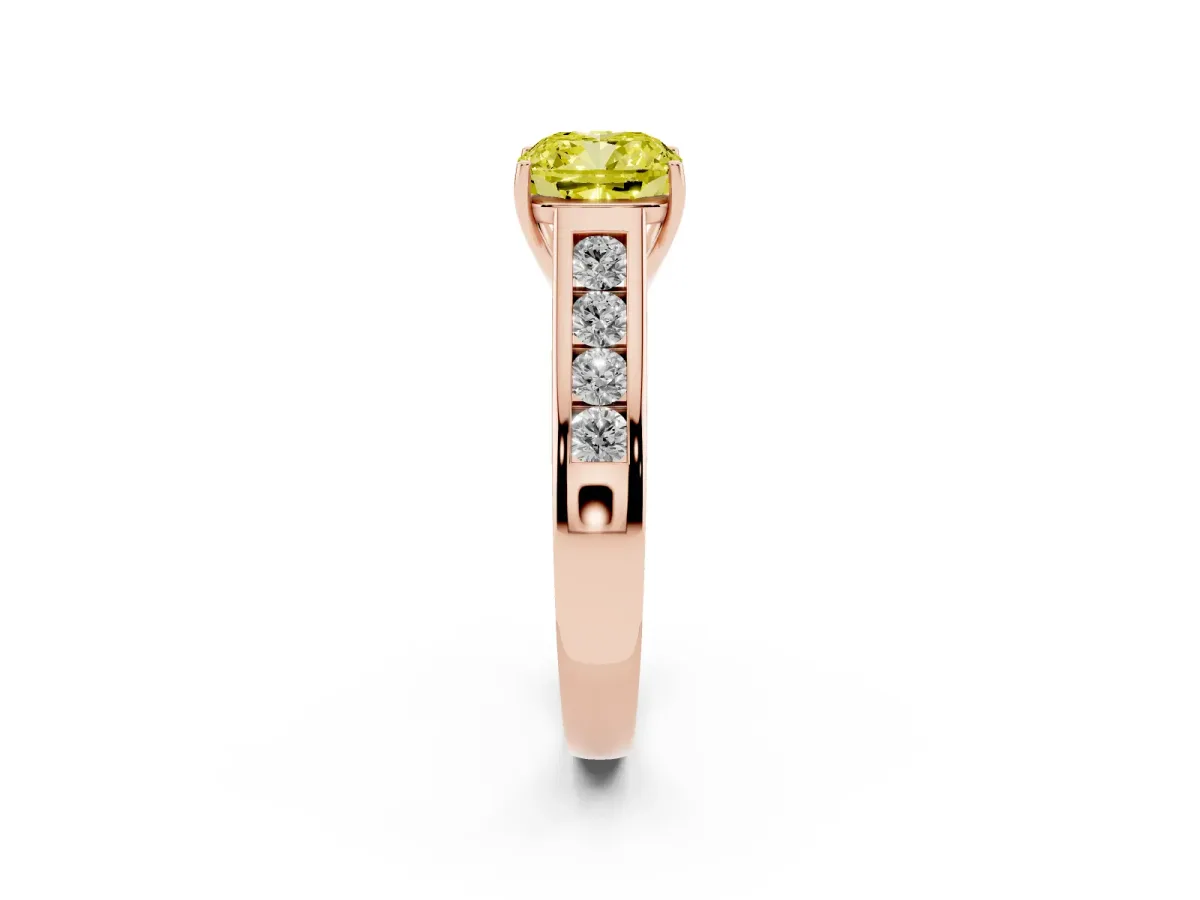 Fancy Yellow Cushion Cut Solitaire Channel-Set Diamond Engagement Ring with Four-Prong Setting Rose gold