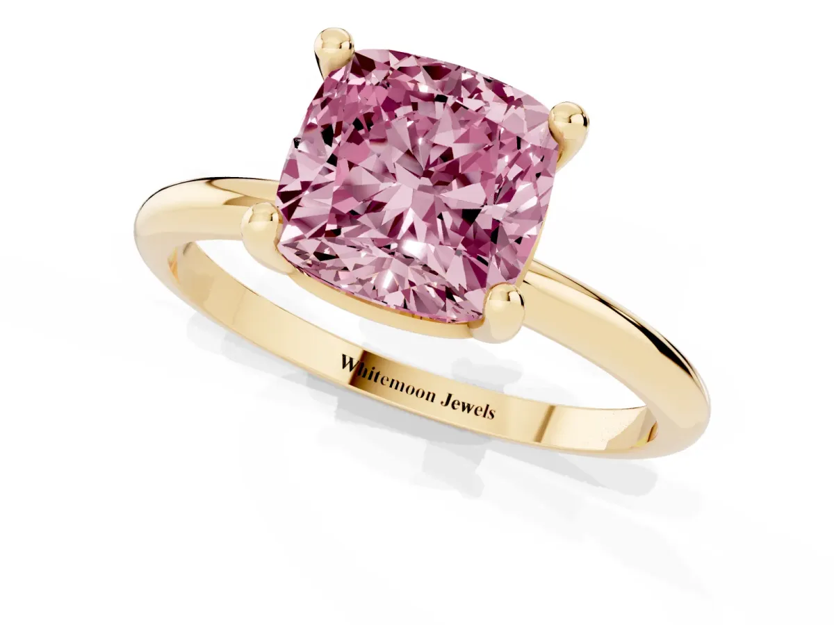 Fancy Pink Cushion Cut Solitaire Diamond Ring with 4-Prong Setting on a Classic Band Yellow gold