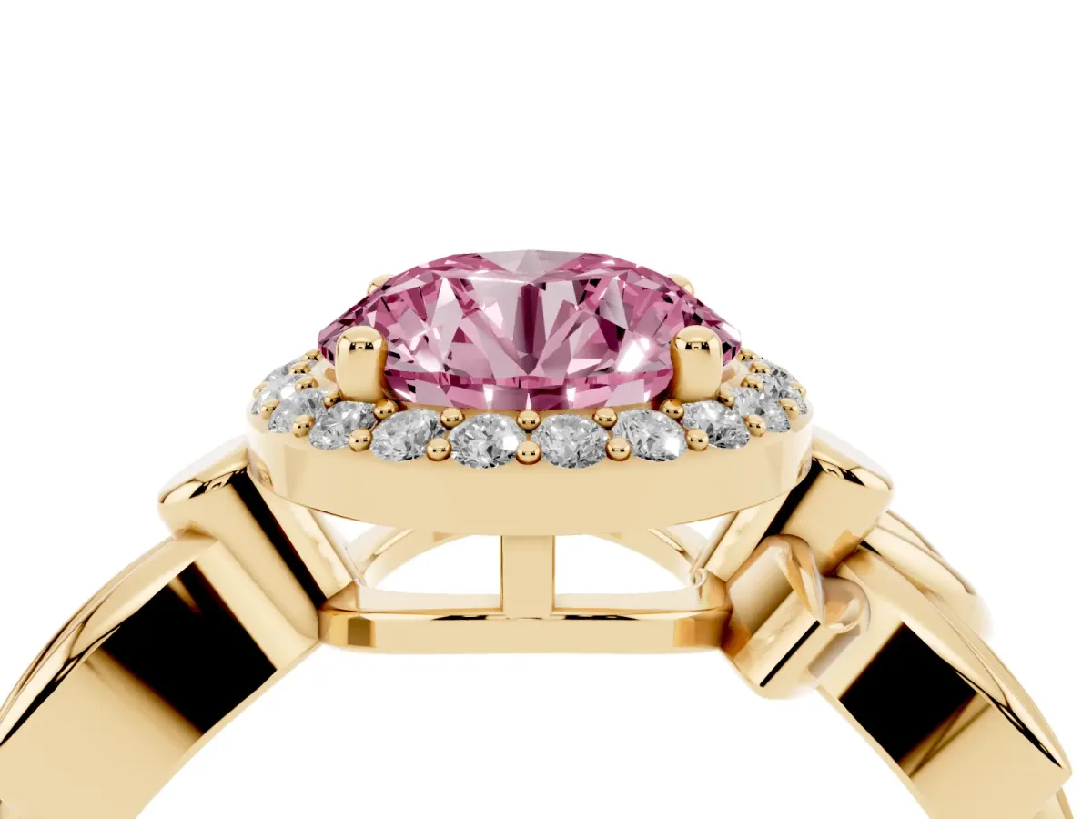 Fancy Pink Round Cut Halo Diamond Floral Band with Four-Prong Setting Yellow gold