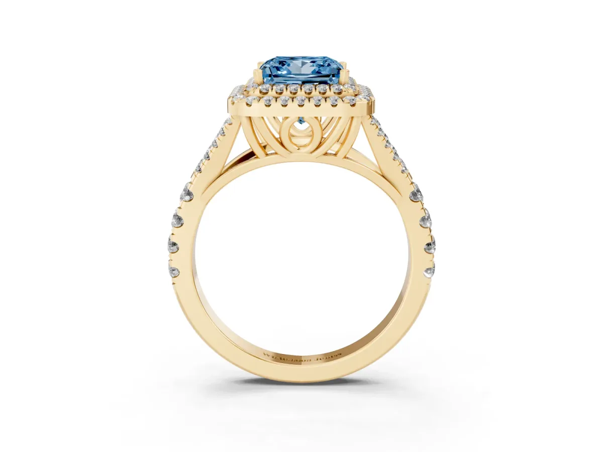 Fancy Blue Princess Cut Cut Double Halo Split Shank Diamond Ring with Prong Setting Yellow gold