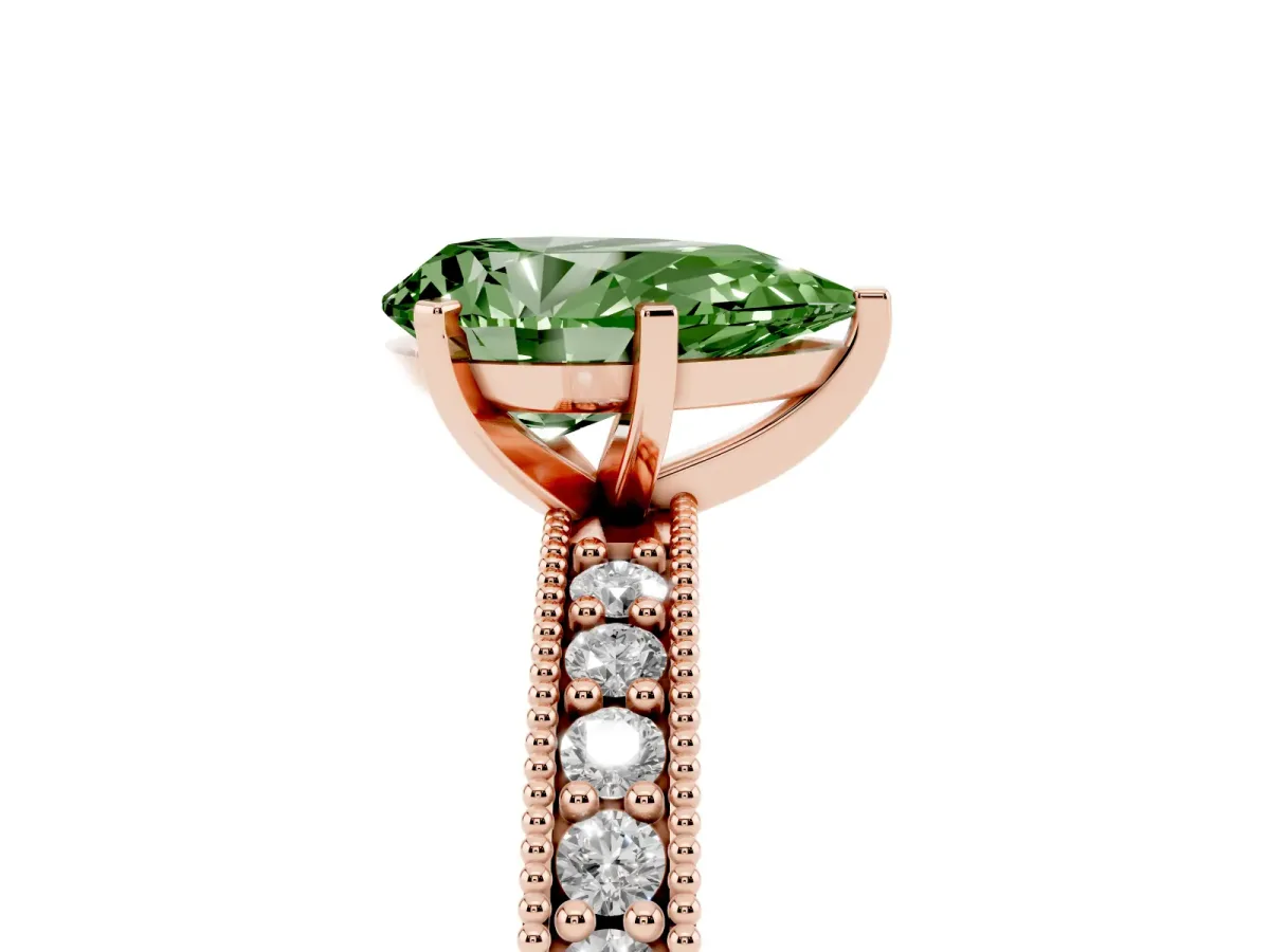 Fancy Green Pear Cut Diamond Milgrain Pavé Engagement Ring with Four-Prong Setting Rose gold