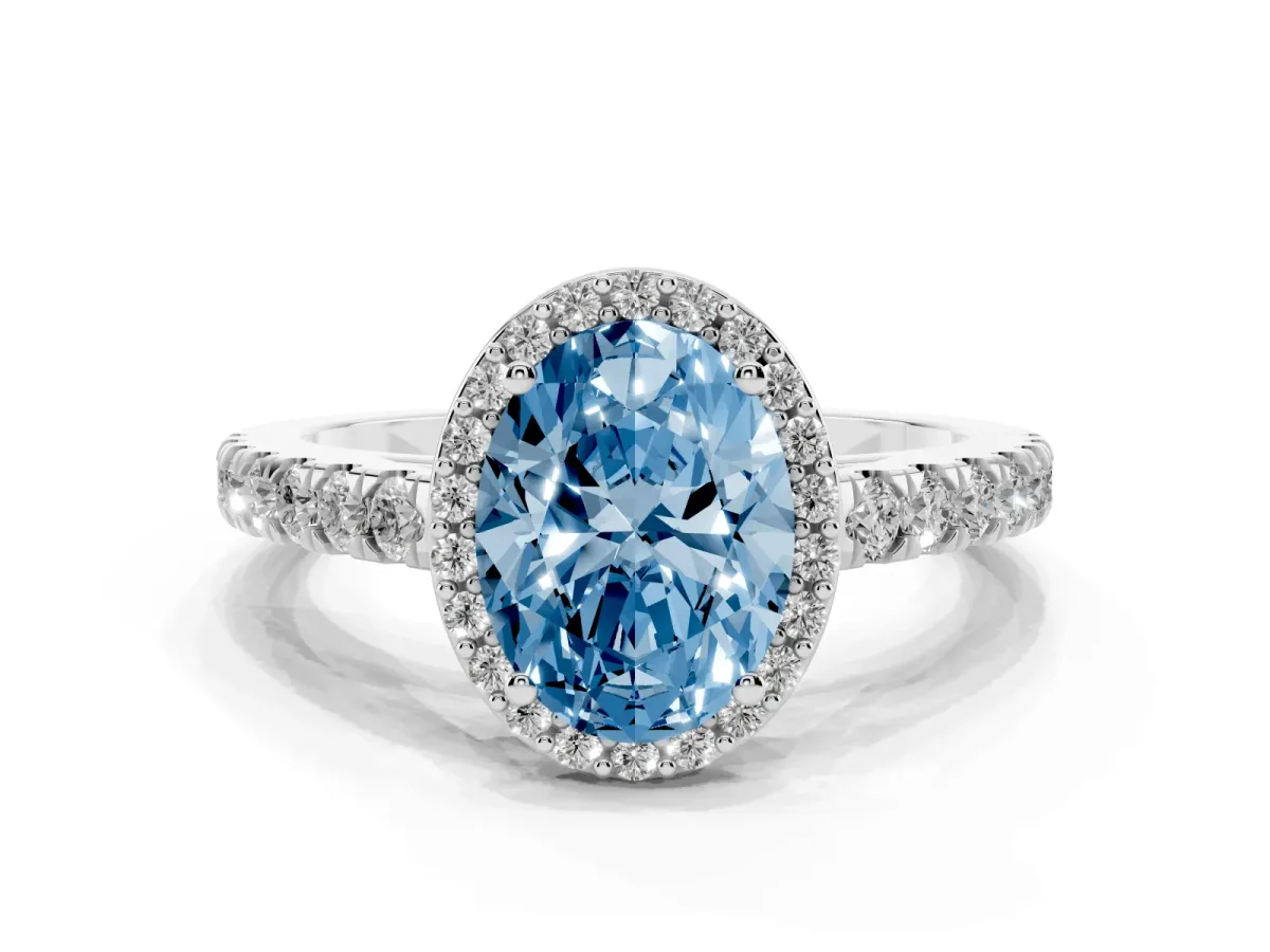 Fancy Blue Oval Cut Cut Halo Diamond Engagement Ring with Pave Band and Four-Prong Setting Silver