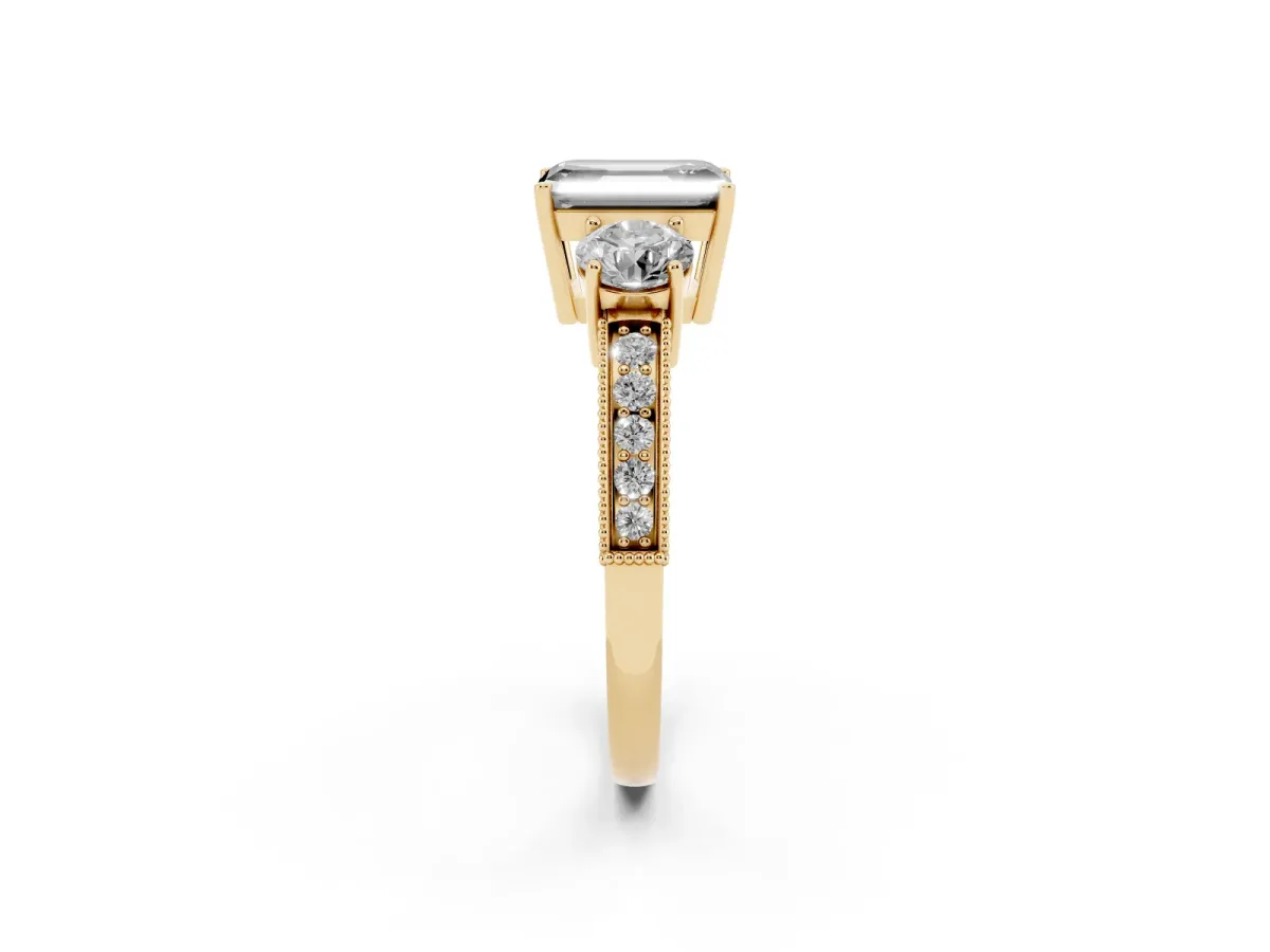 Fancy Black Emerald Cut Three-Stone Diamond Ring with Pavé Band and Four-Prong Setting Yellow gold