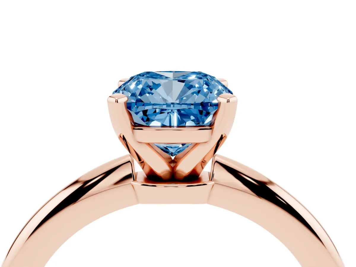 Fancy Blue Cushion Cut Diamond Solitaire Ring with Prong Setting and Classic Band Rose gold