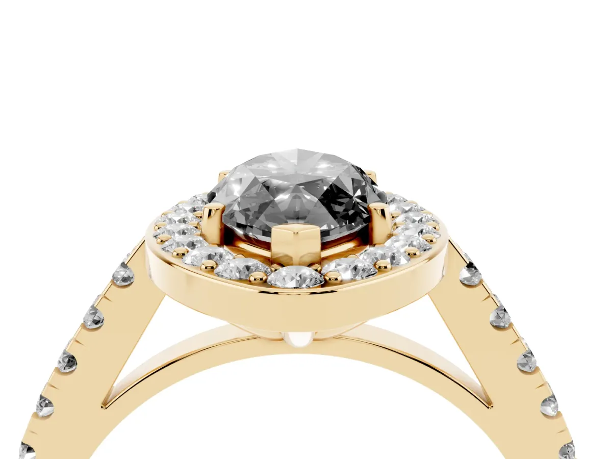Fancy Black Marquise Cut Diamond Halo Ring with Round Pavé Split Shank and Prong Setting Yellow gold