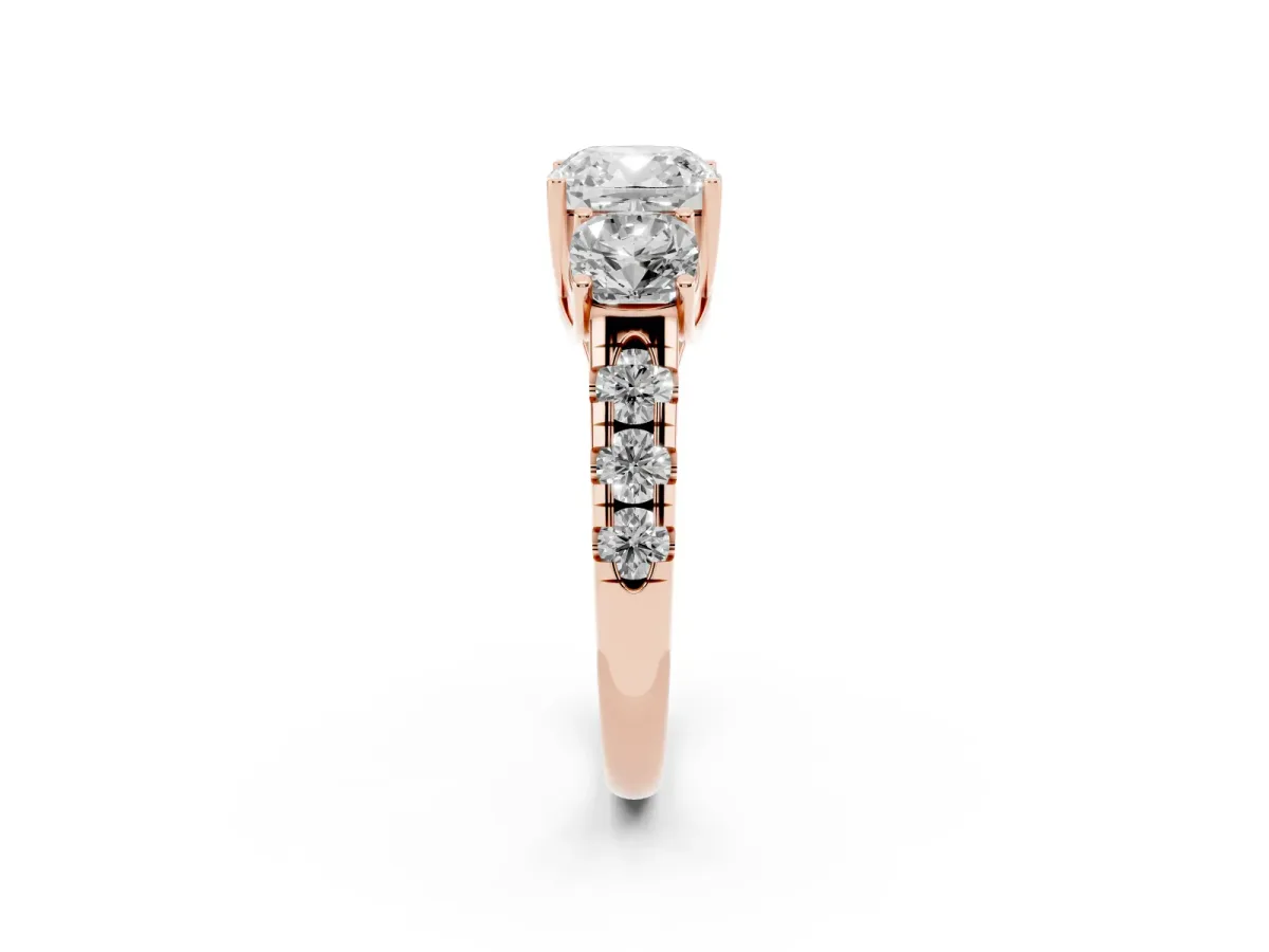 Three-Stone Cushion Cut Diamond Pavé Band with Prong Setting Rose gold
