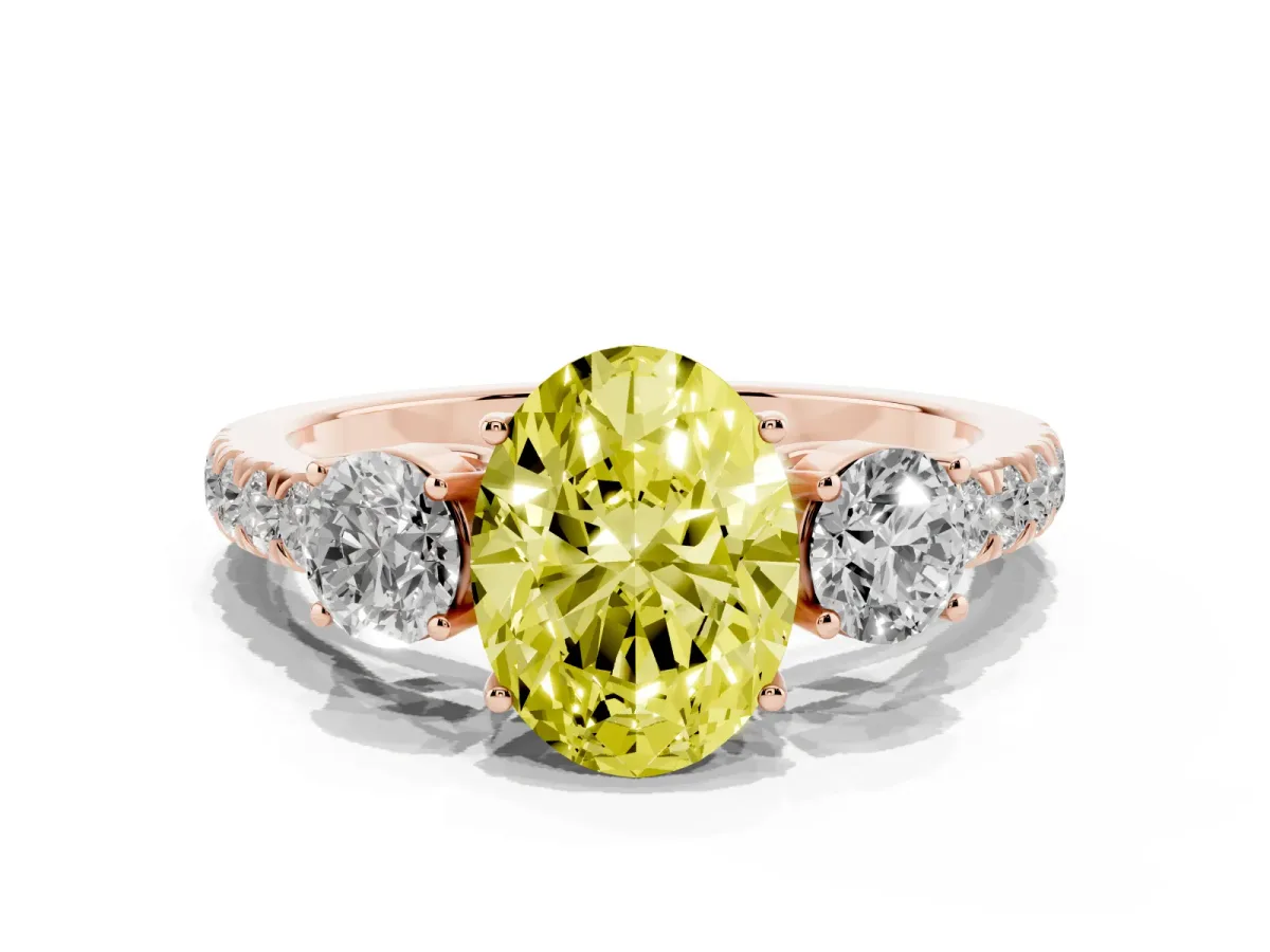 Fancy Yellow Oval Cut Cut Diamond Three-Stone Ring with Round Side Stones and Pavé Band Rose gold