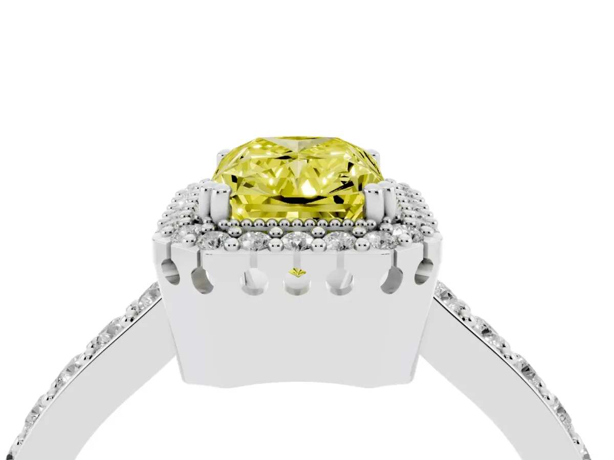 Fancy Yellow Radiant Cut Cut Diamond Halo Engagement Ring with Milgrain Detail and Pavé Band Silver