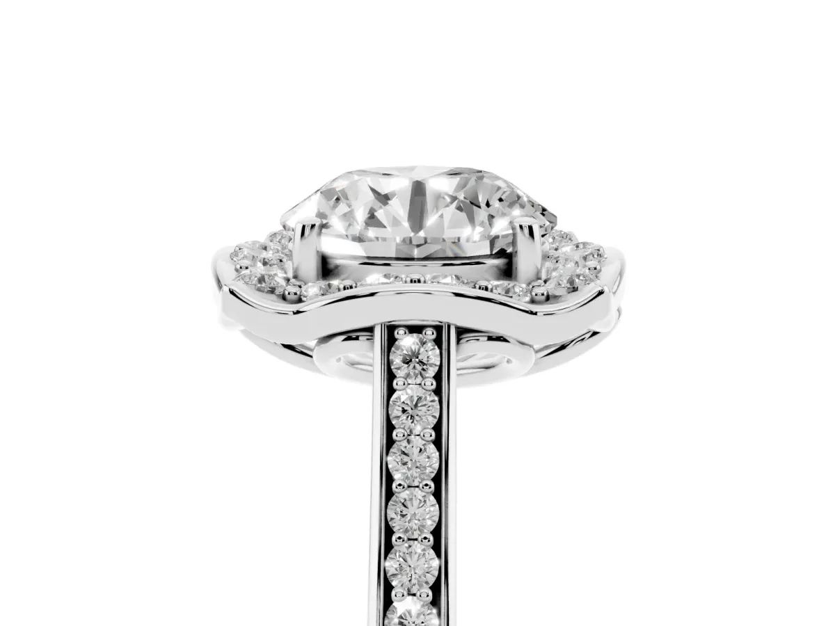 Round Cut Halo Round Diamond Pave Band with Four-Prong Setting Silver