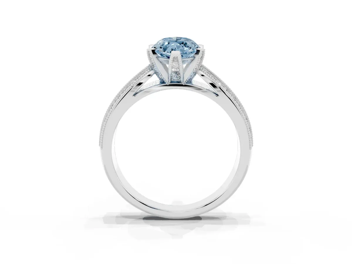 Fancy Blue Marquise Cut Diamond Solitaire Ring with Milgrain Round Pavé Band and Prong Setting Silver