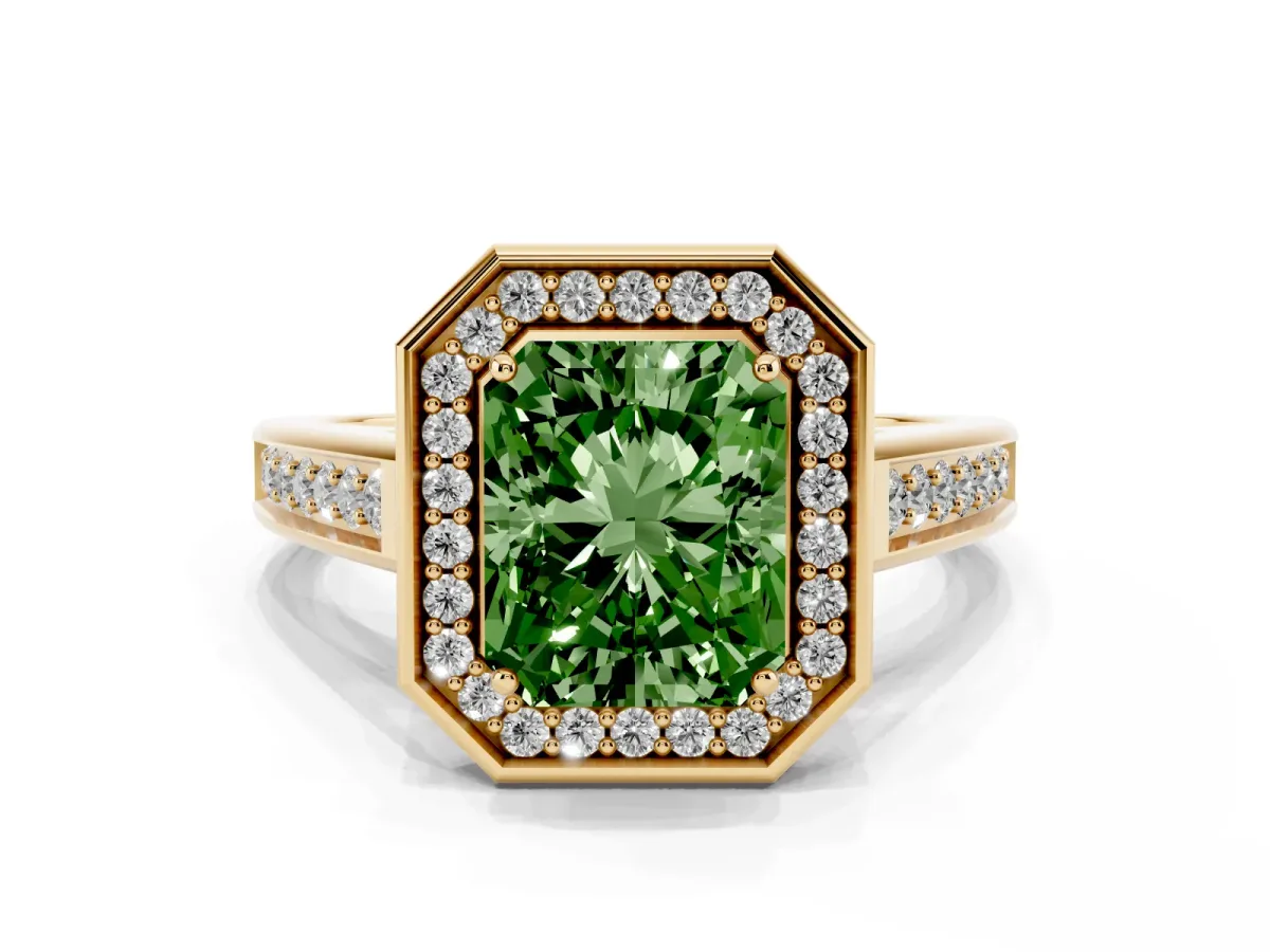 Fancy Green Emerald Cut Halo Solitaire Diamond Ring with Pave Band and Bezel Setting Yellow gold