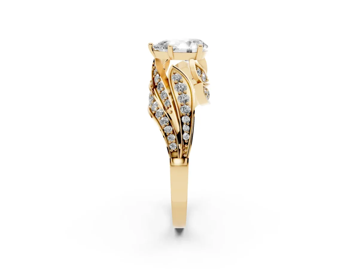 Pear Cut Diamond Solitaire Ring with Prong Setting and Twisted Pavé Band Yellow gold