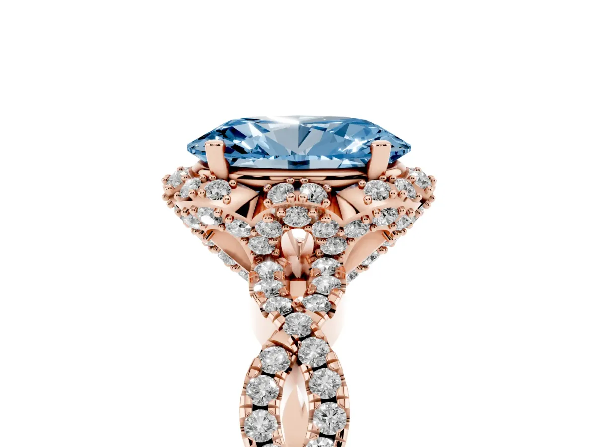 Fancy Blue Oval Cut Halo Twist Band Solitaire Ring with Six-Prong Setting Rose gold