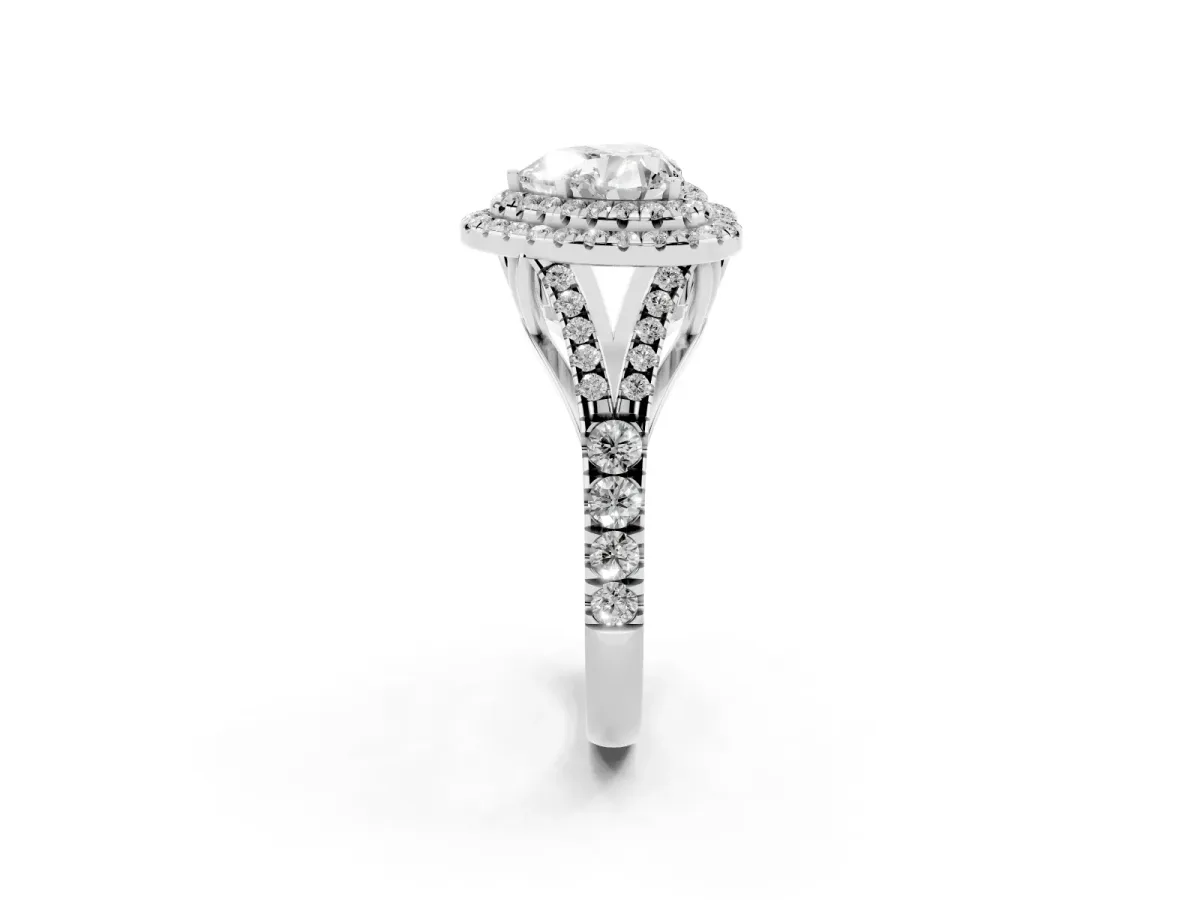 Heart Cut Cut Double Halo Split Shank Diamond Ring with Prong Setting Silver