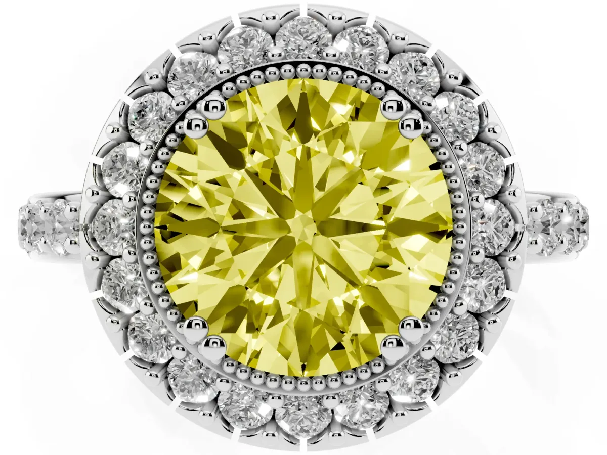 Fancy Yellow Round Cut Diamond Halo Ring with Pavé Band and Prong Setting Silver