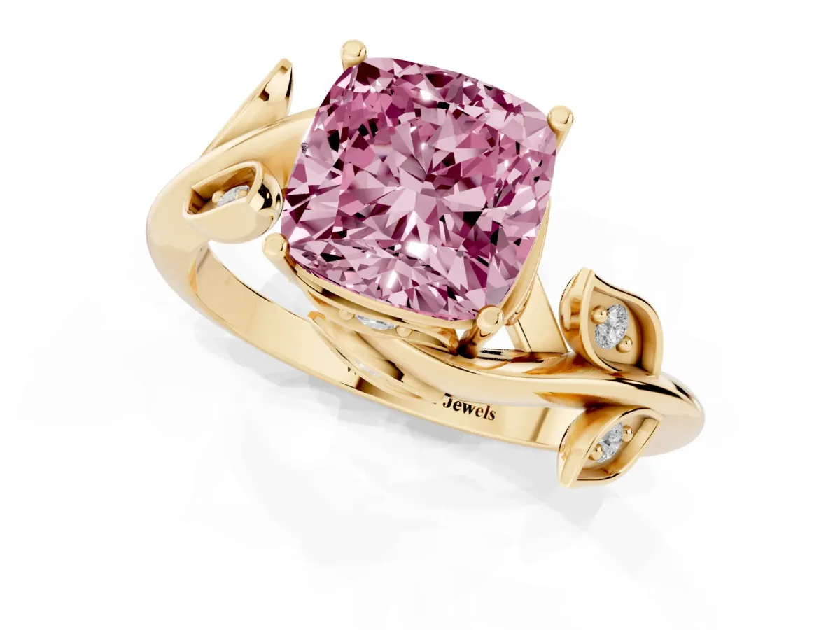 Fancy Pink Cushion Cut Solitaire Twist Engagement Ring with Leaf Accents and Prong Setting Yellow gold
