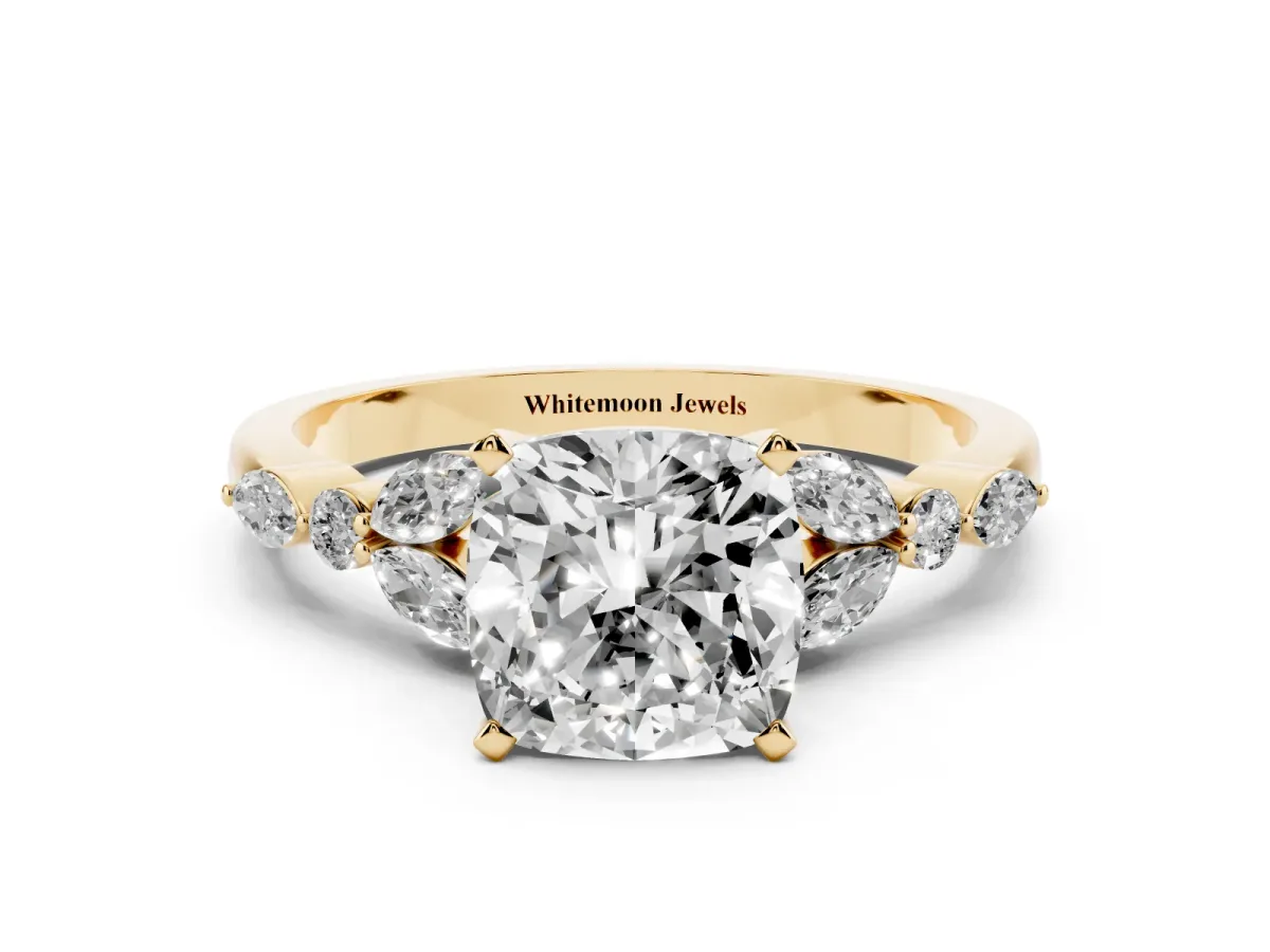Cushion Cut Diamond Solitaire Ring with Side Stones and Four-Prong Setting Yellow gold