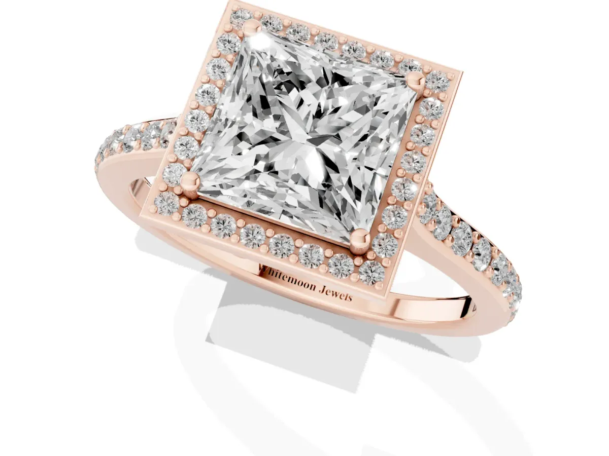 Princess Cut Diamond Halo Engagement Ring with Round Pavé Shoulders and Prong Setting Rose gold