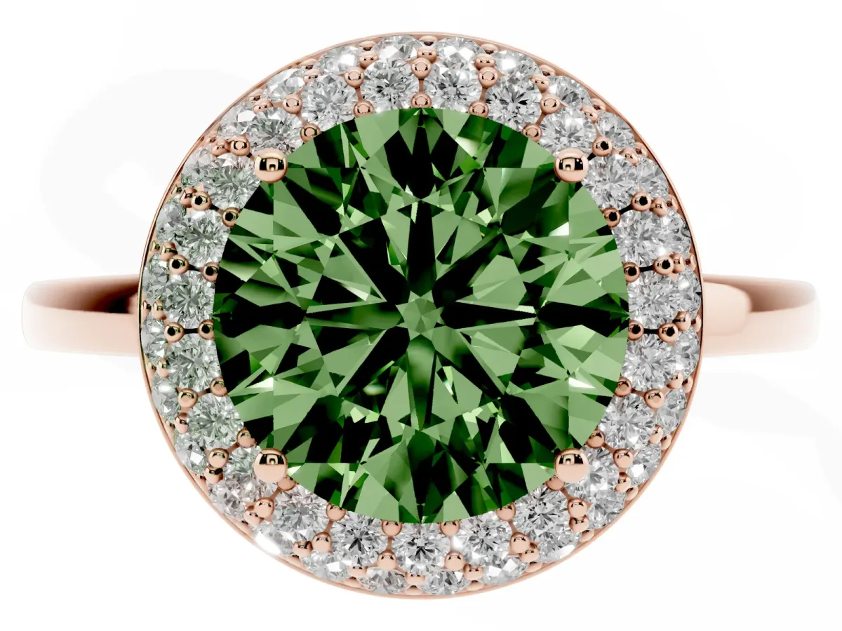 Fancy Green Round Cut Halo Diamond Engagement Ring with Solitaire Band and Four-Prong Setting Rose gold