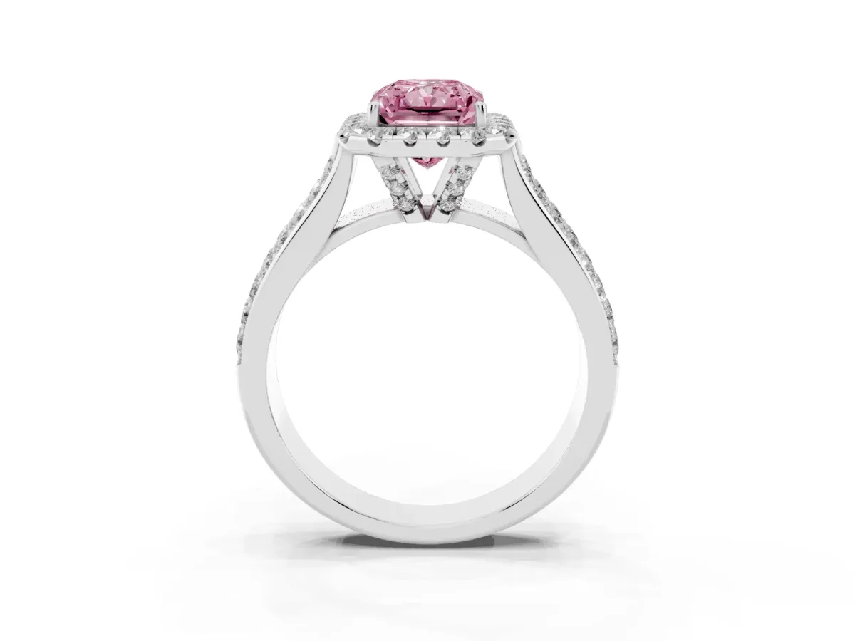 Fancy Pink Radiant Cut Halo Round Diamond Pave Band with Prong Setting Silver