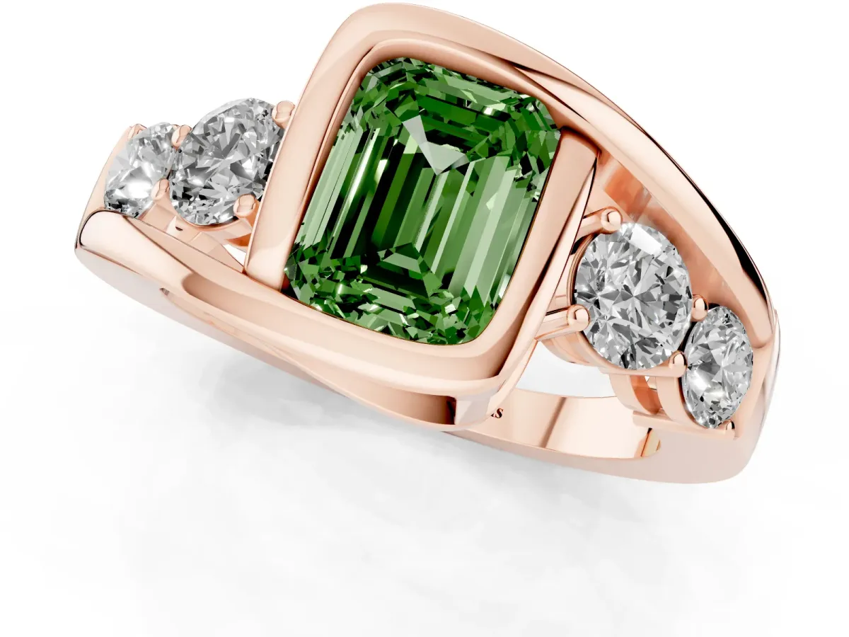 Fancy Green Bezel Set Emerald Cut Diamond Bypass Ring with Round Accents Rose gold