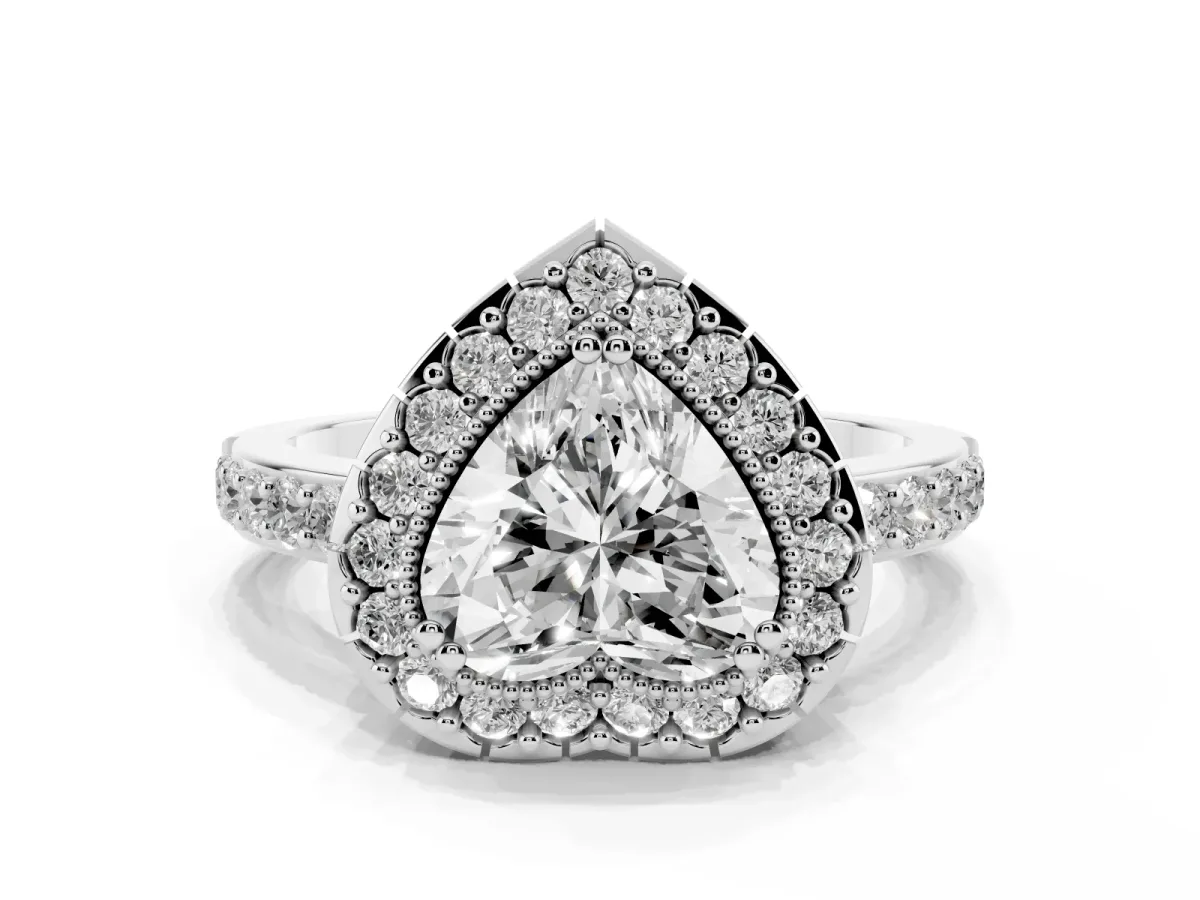 Heart Cut Diamond Halo Ring with Pavé Band and Prong Setting Silver