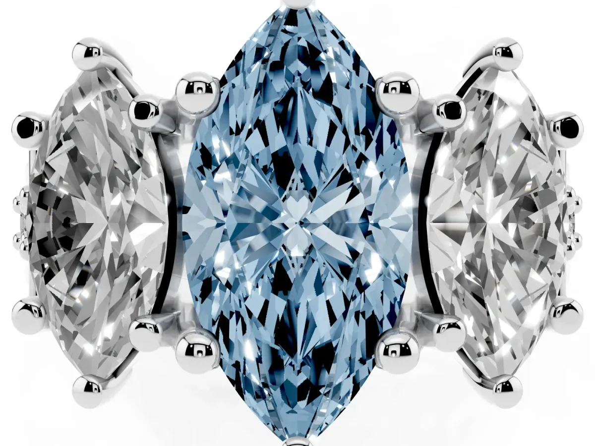 Fancy Blue Marquise Cut Diamond Three-Stone Ring with Channel Set Band and Four-Prong Setting Silver