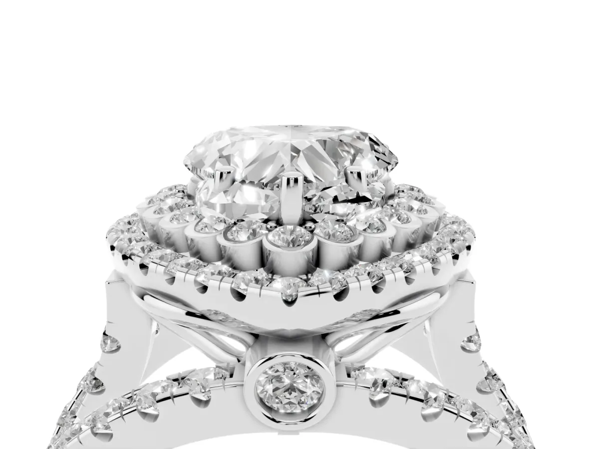 Heart Cut Diamond Double Halo Ring with Round Pavé Split Shank and Prong Setting Platinum