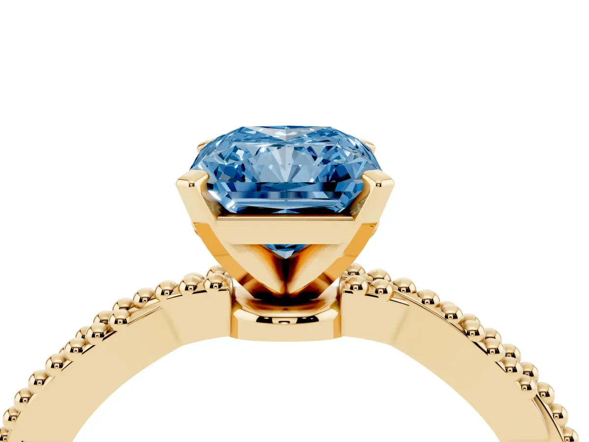 Fancy Blue Radiant Cut Solitaire Twisted Band with Bead Prong Setting Yellow gold