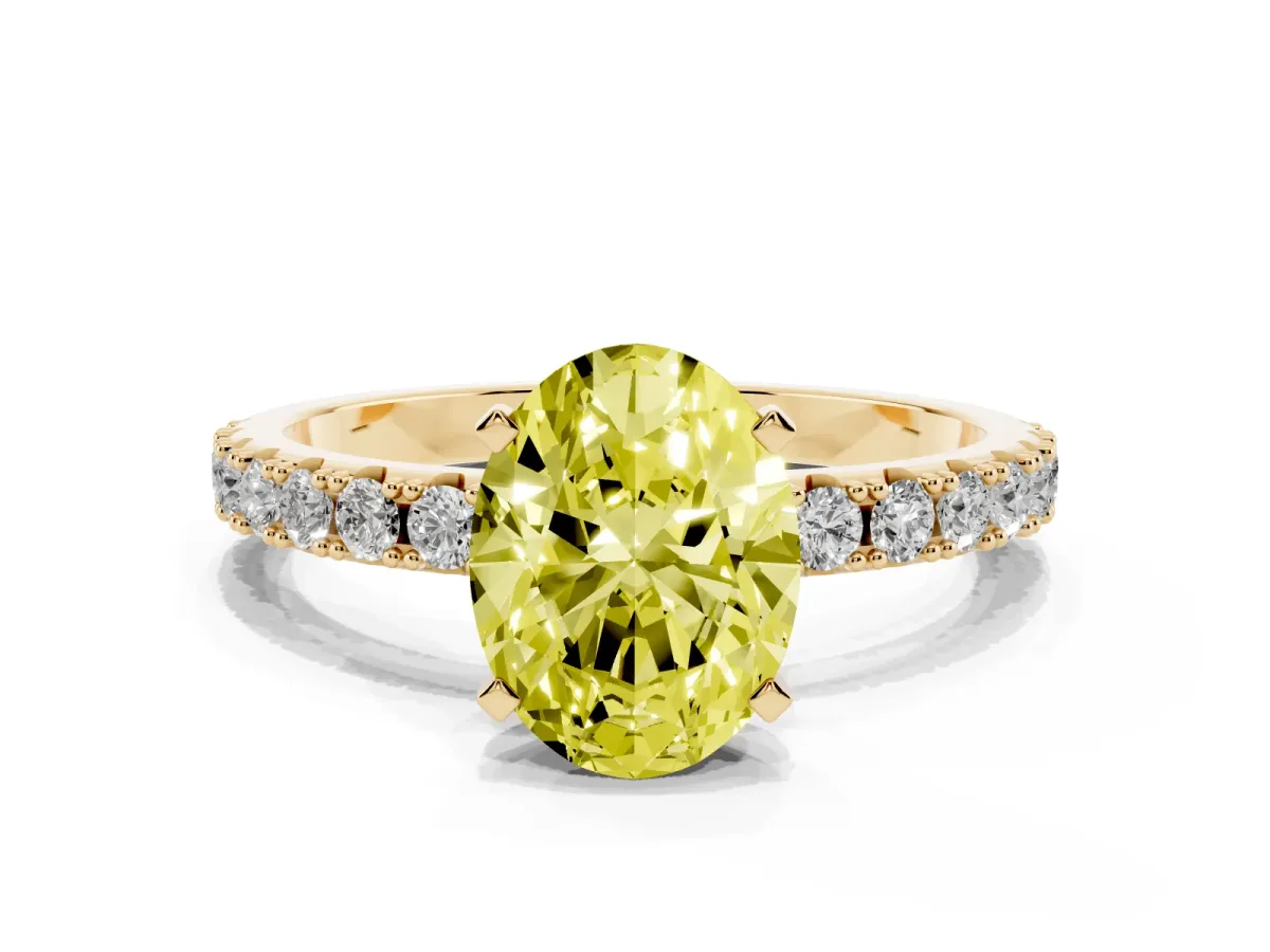Fancy Yellow Oval Cut Diamond Solitaire Pavé Band with Four-Prong Setting Yellow gold