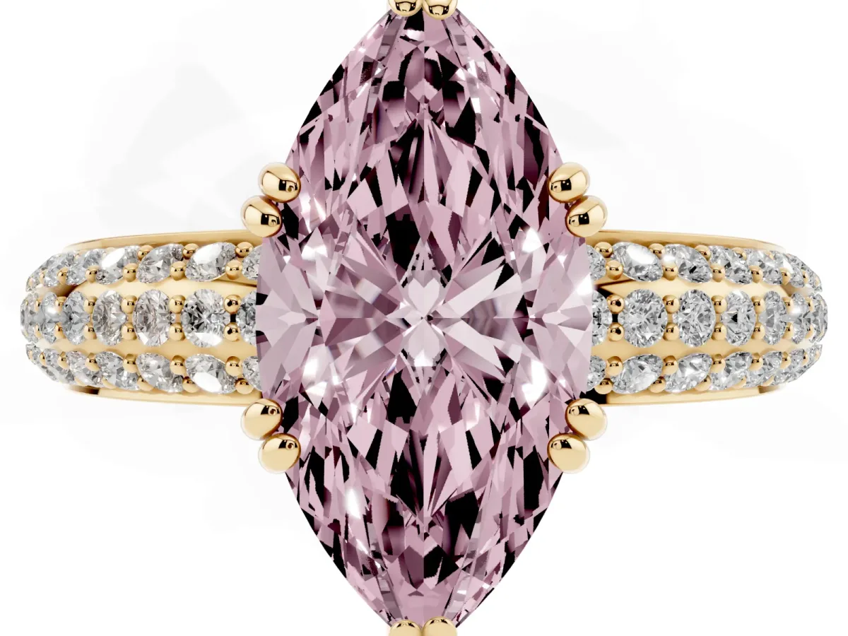 Fancy Pink Marquise Cut Diamond Solitaire Ring with Multi-Row Round Pavé Band and Prong Setting Yellow gold