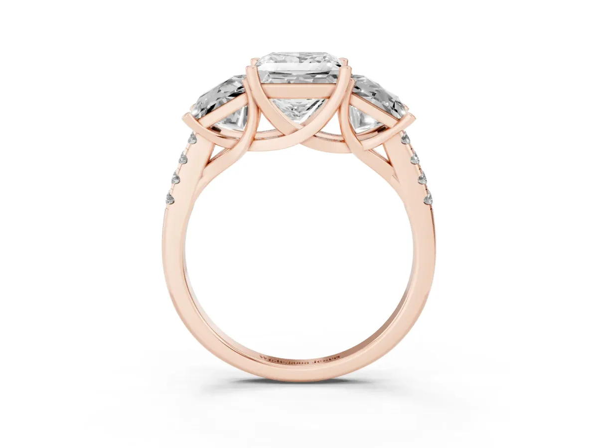 Three-Stone Princess Cut Diamond Ring with Round Pavé Band and Prong Setting Rose gold