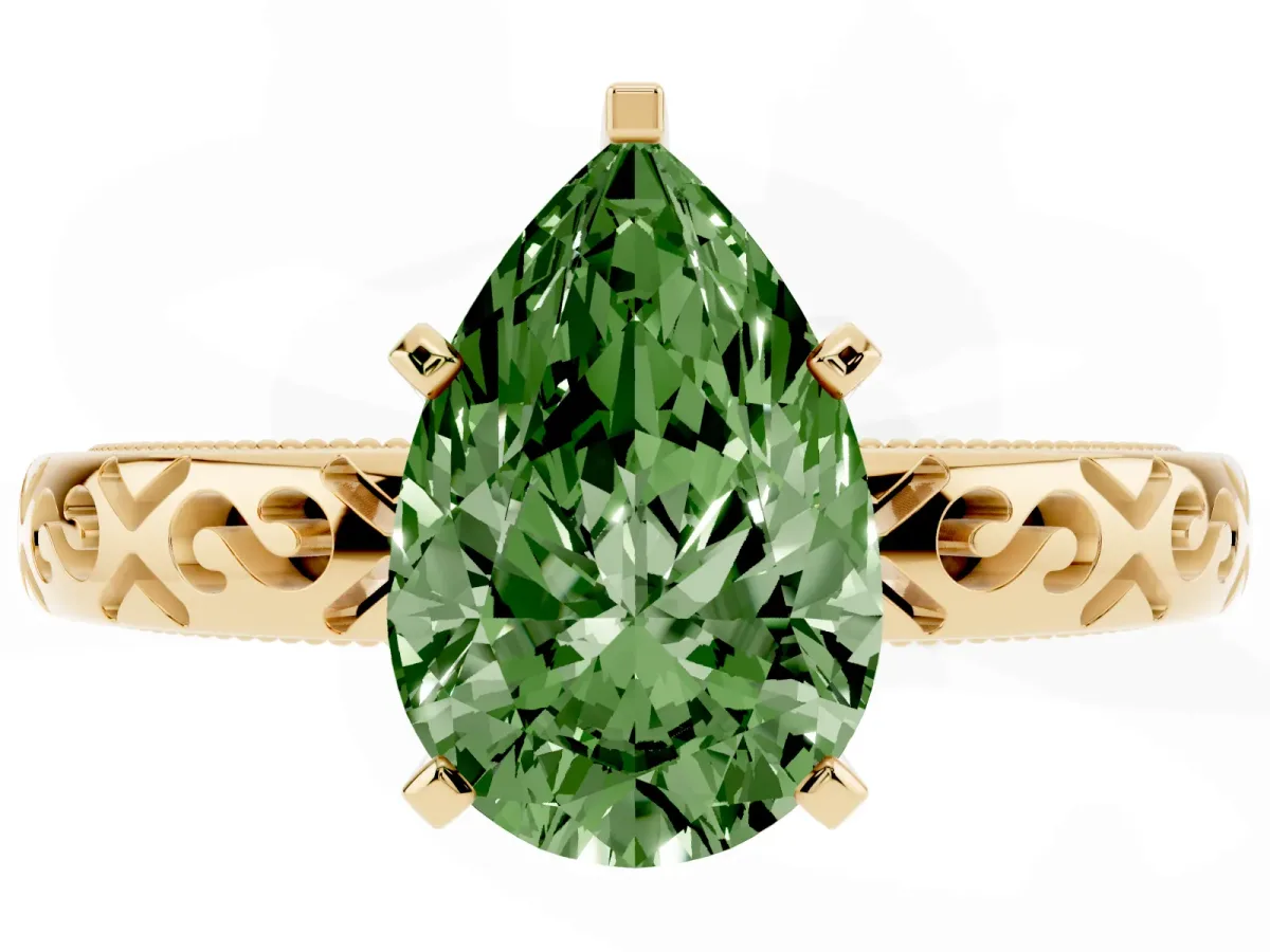 Fancy Green Pear Cut Solitaire Engagement Ring with Scrollwork Band and Four-Prong Setting Yellow gold