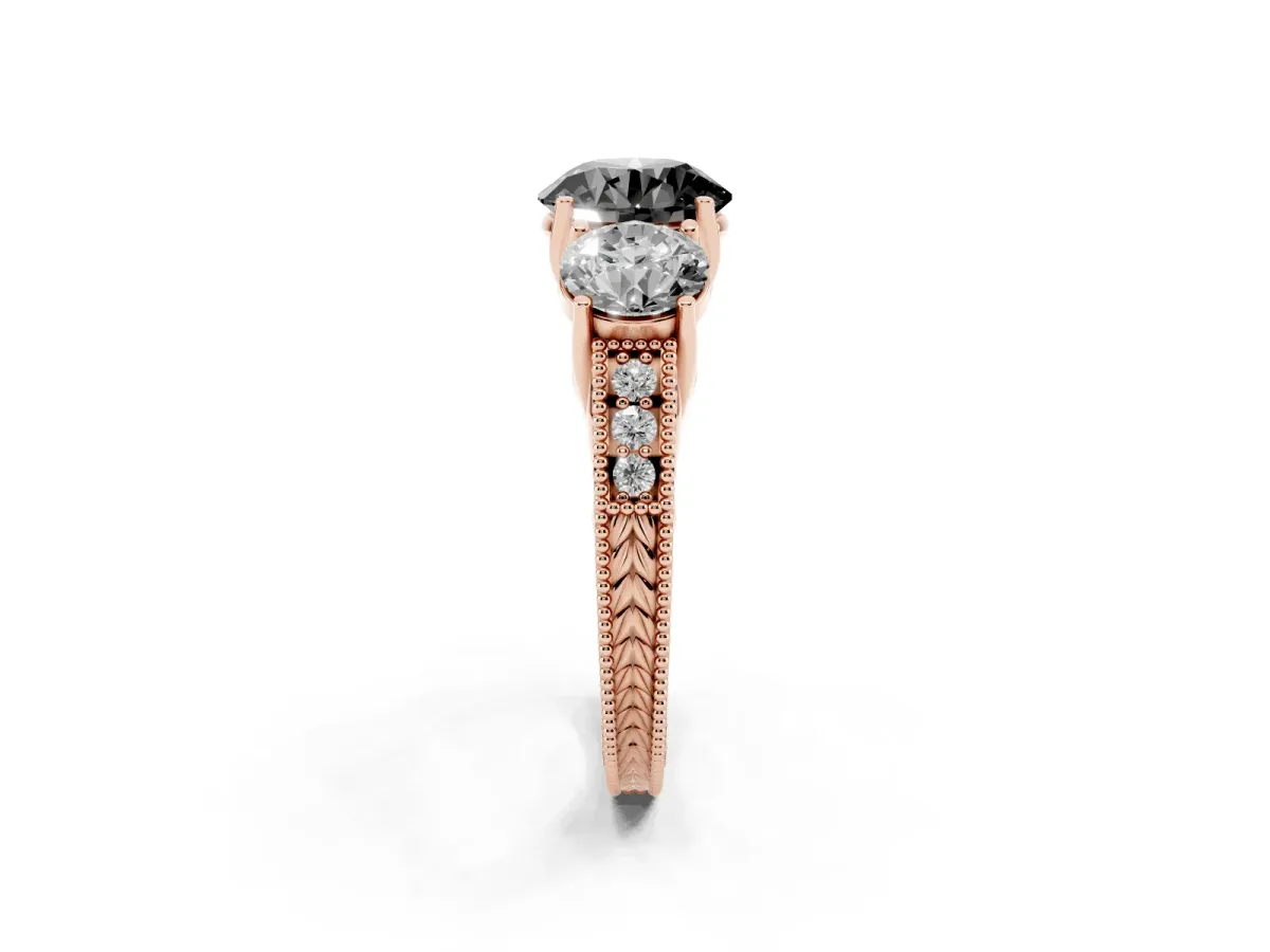 Fancy Black Three-Stone Round Cut Cut Milgrain Pavé Engagement Ring Rose gold