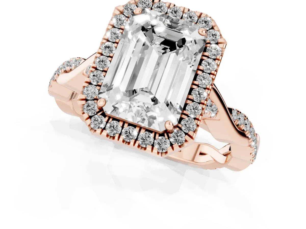Emerald Cut Halo Twist Band Solitaire Ring Rose gold