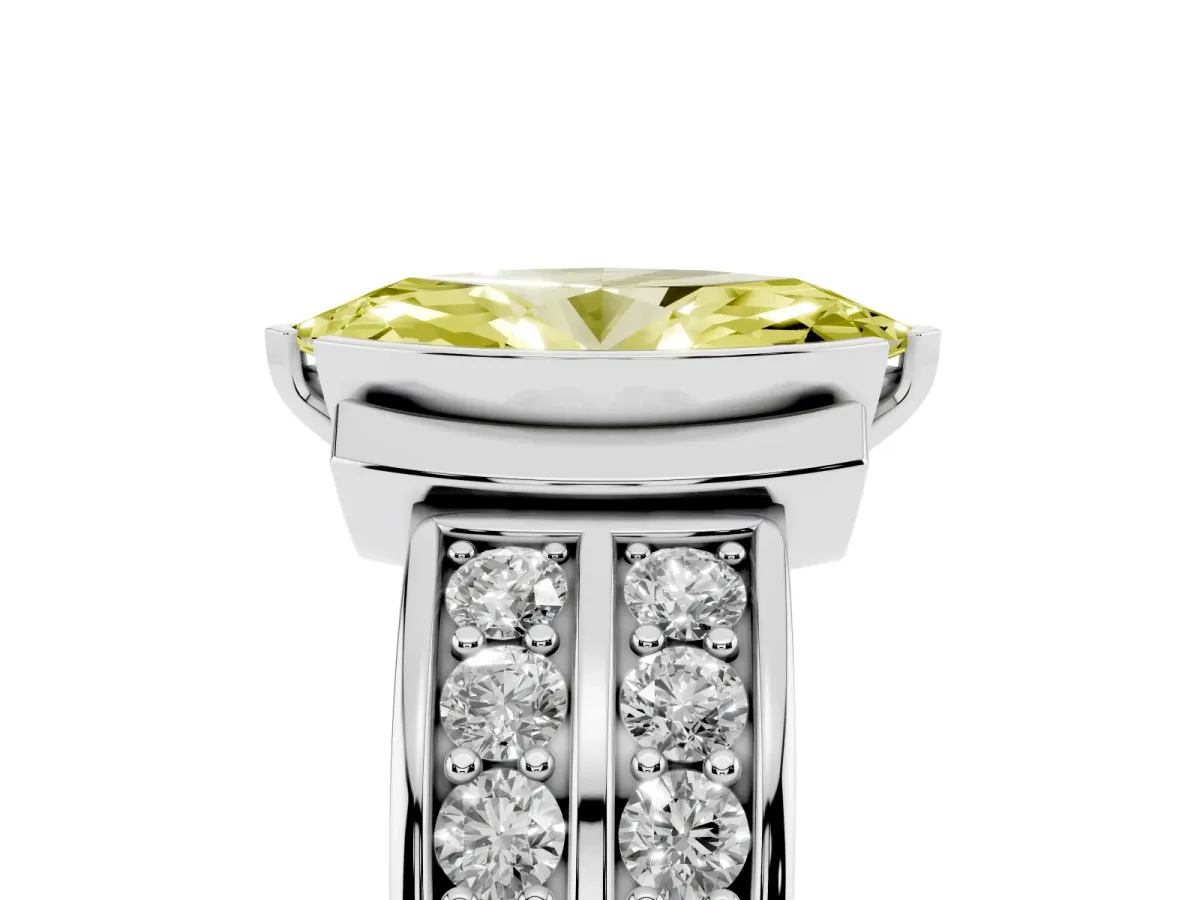 Fancy Yellow Marquise Cut Brilliant Diamond Channel Set Wide Band Ring with Bezel Setting White gold
