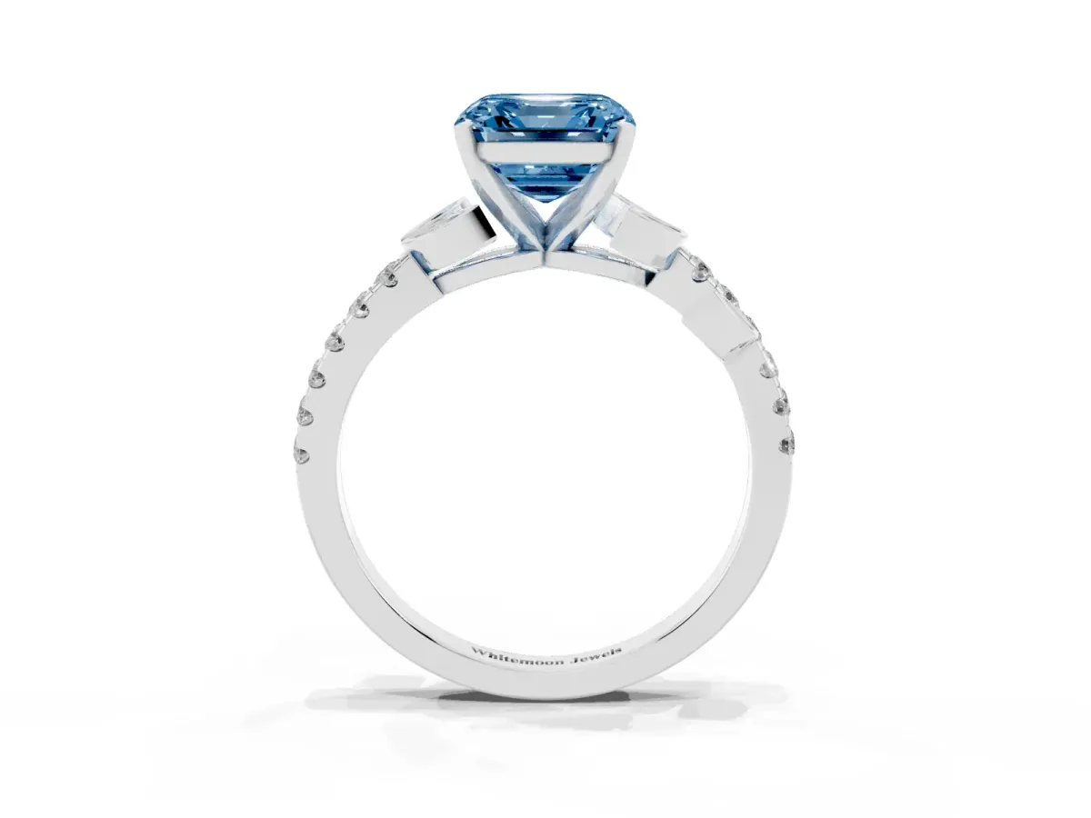 Fancy Blue Asscher Cut Solitaire Leaf-Inspired Diamond Ring with Pavé Band and Four-Prong Setting Silver