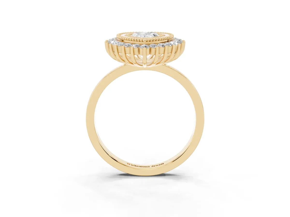 Pear Cut Halo Diamond Ring with Milgrain Edge and Round Prong Setting Yellow gold