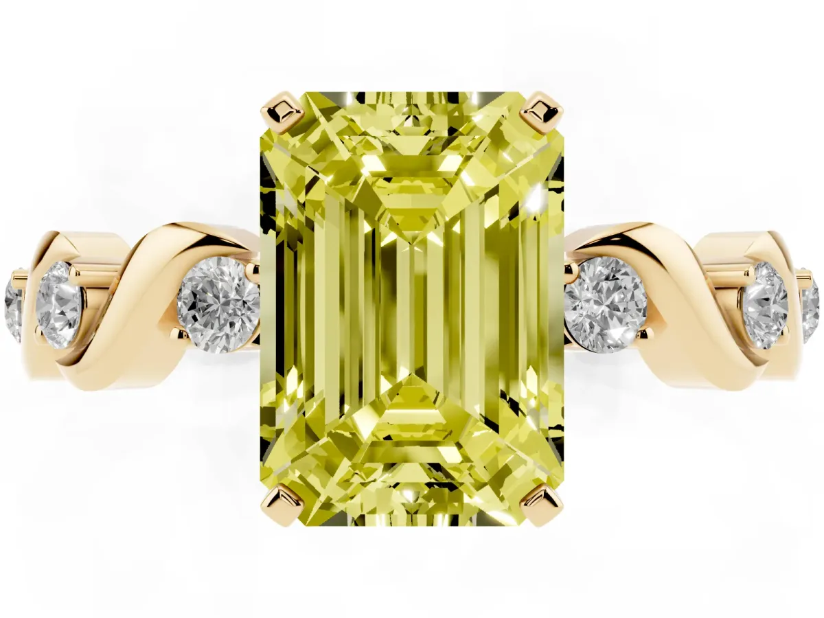 Fancy Yellow Emerald Cut Diamond Solitaire Twisted Band with Round Accents and Prong Setting Yellow gold