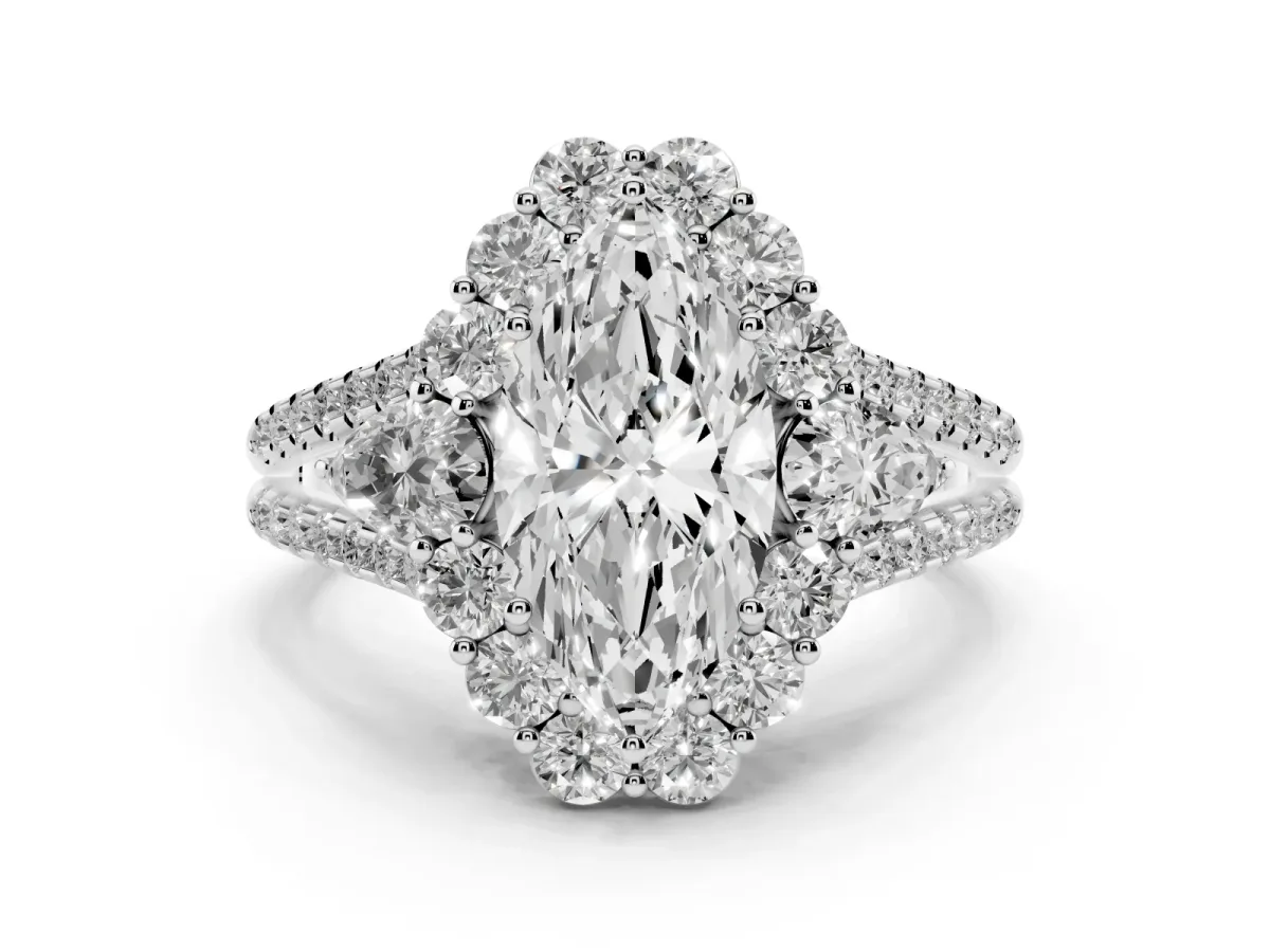 Marquise Cut Halo Split Shank Diamond Engagement Ring with Prong Setting Platinum