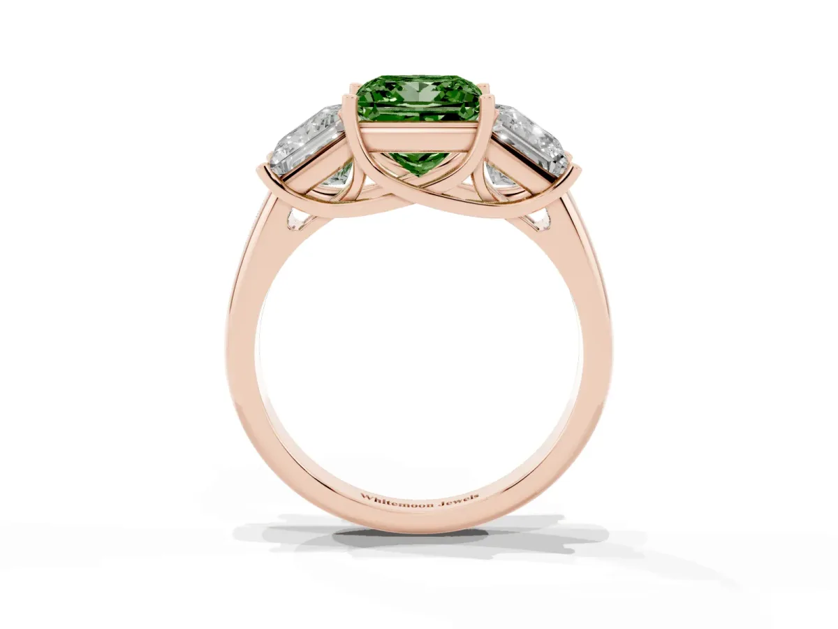 Fancy Green Three-Stone Princess Cut Diamond Engagement Ring with Prong Setting Rose gold