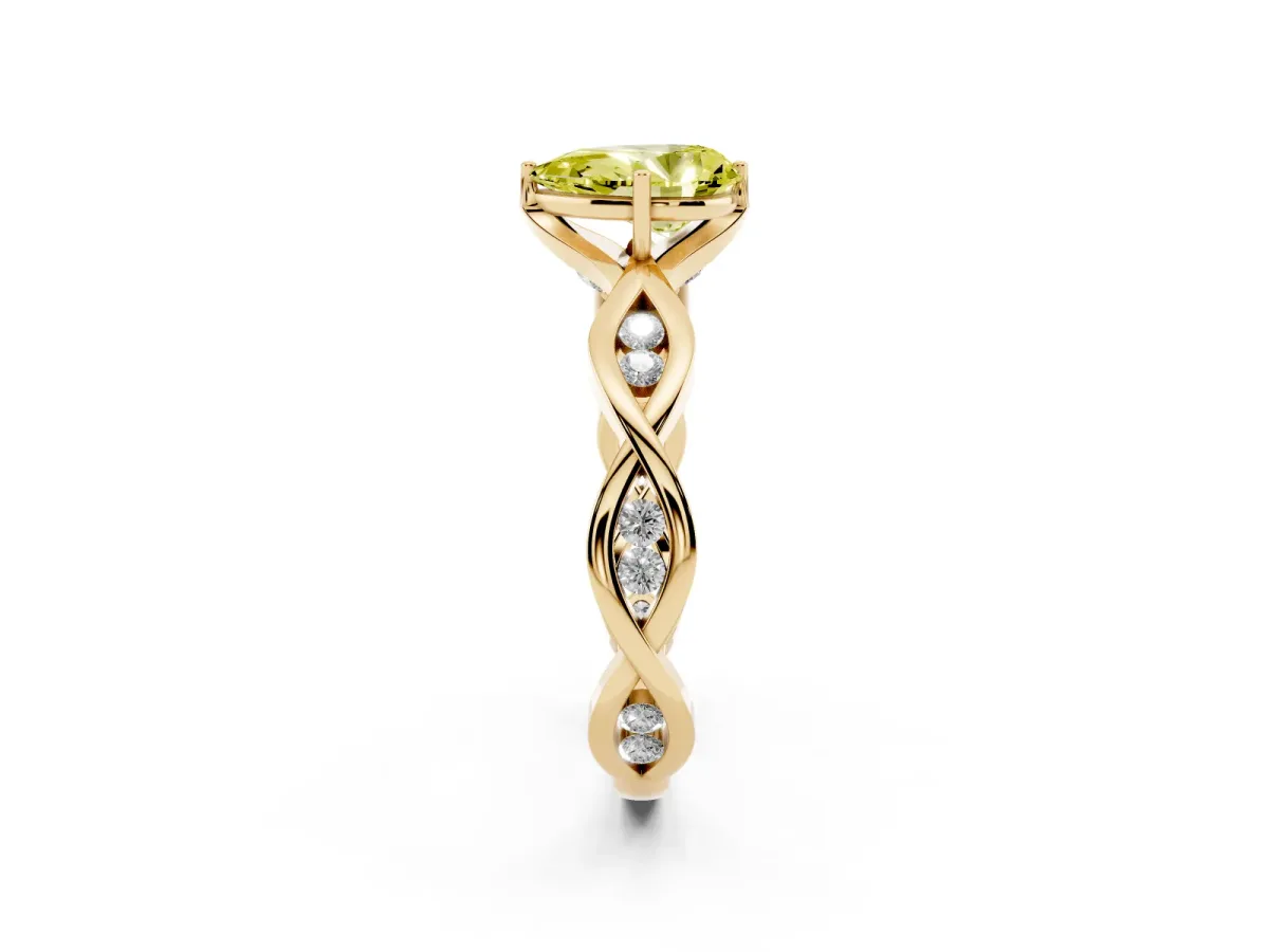 Fancy Yellow Pear Cut Solitaire Twist Band with Leaf Prong Setting Yellow gold
