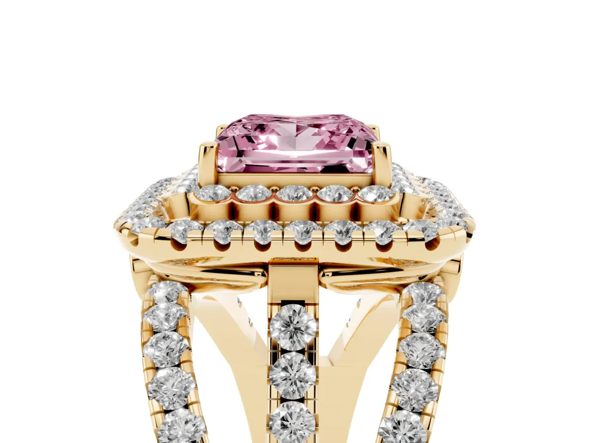 Fancy Pink Princess Cut Diamond Double Halo Ring with Round Pavé Split Shank and Prong Setting Yellow gold
