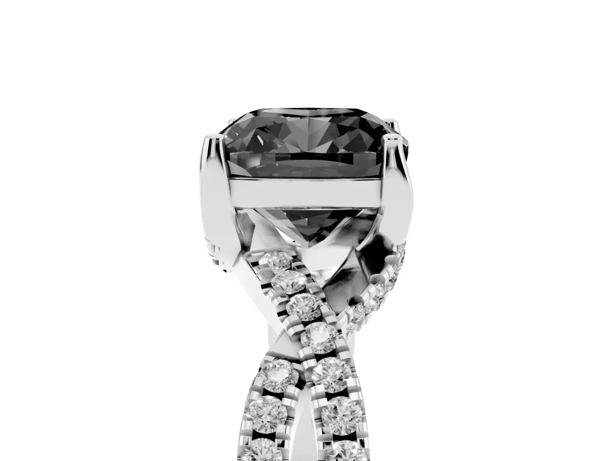 Fancy Black Cushion Cut Solitaire Twist Pave Diamond Engagement Ring with Prong Setting Silver
